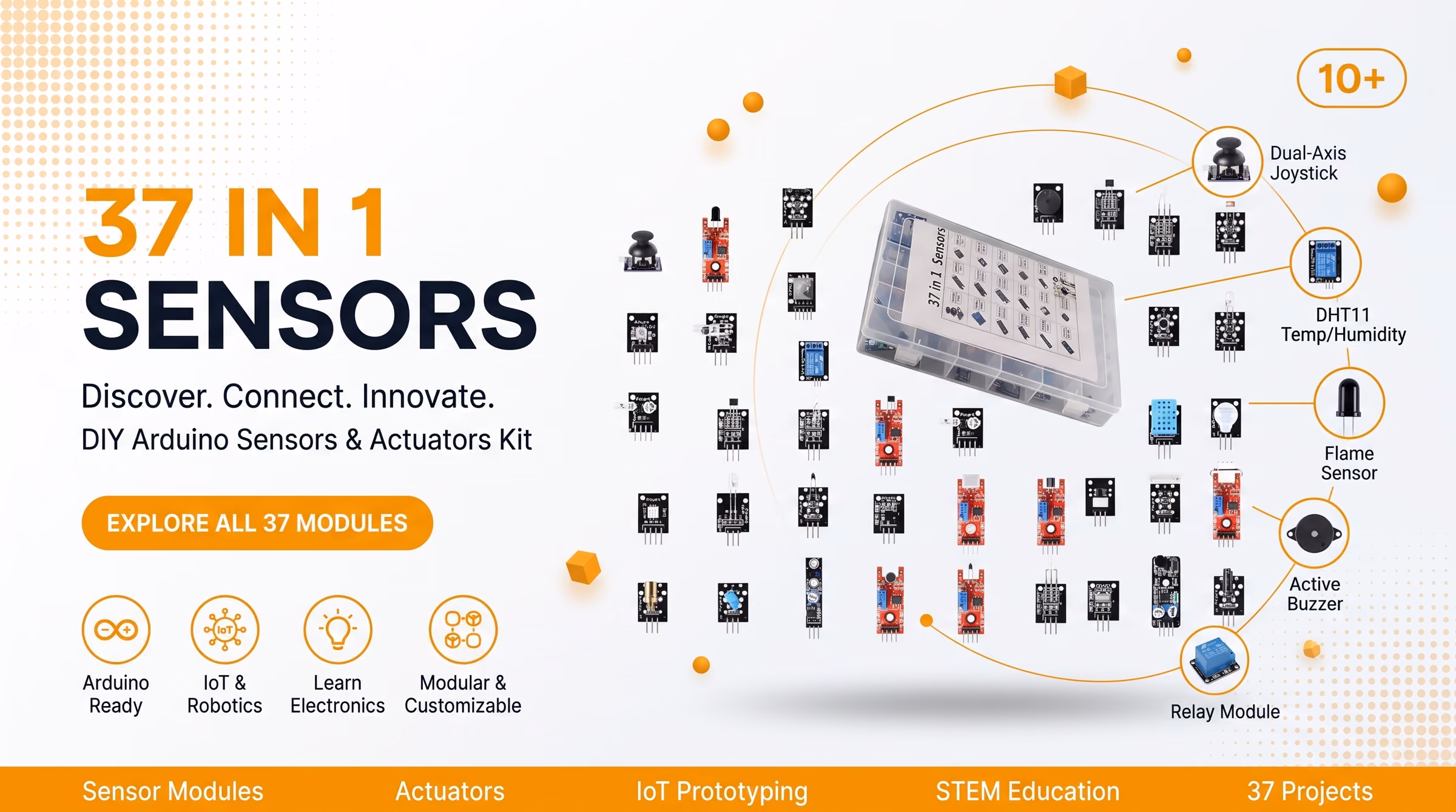 37 IN 1 SENSORS — Thirty-seven sensor and actuator modules for Arduino, robotics and IoT projects.