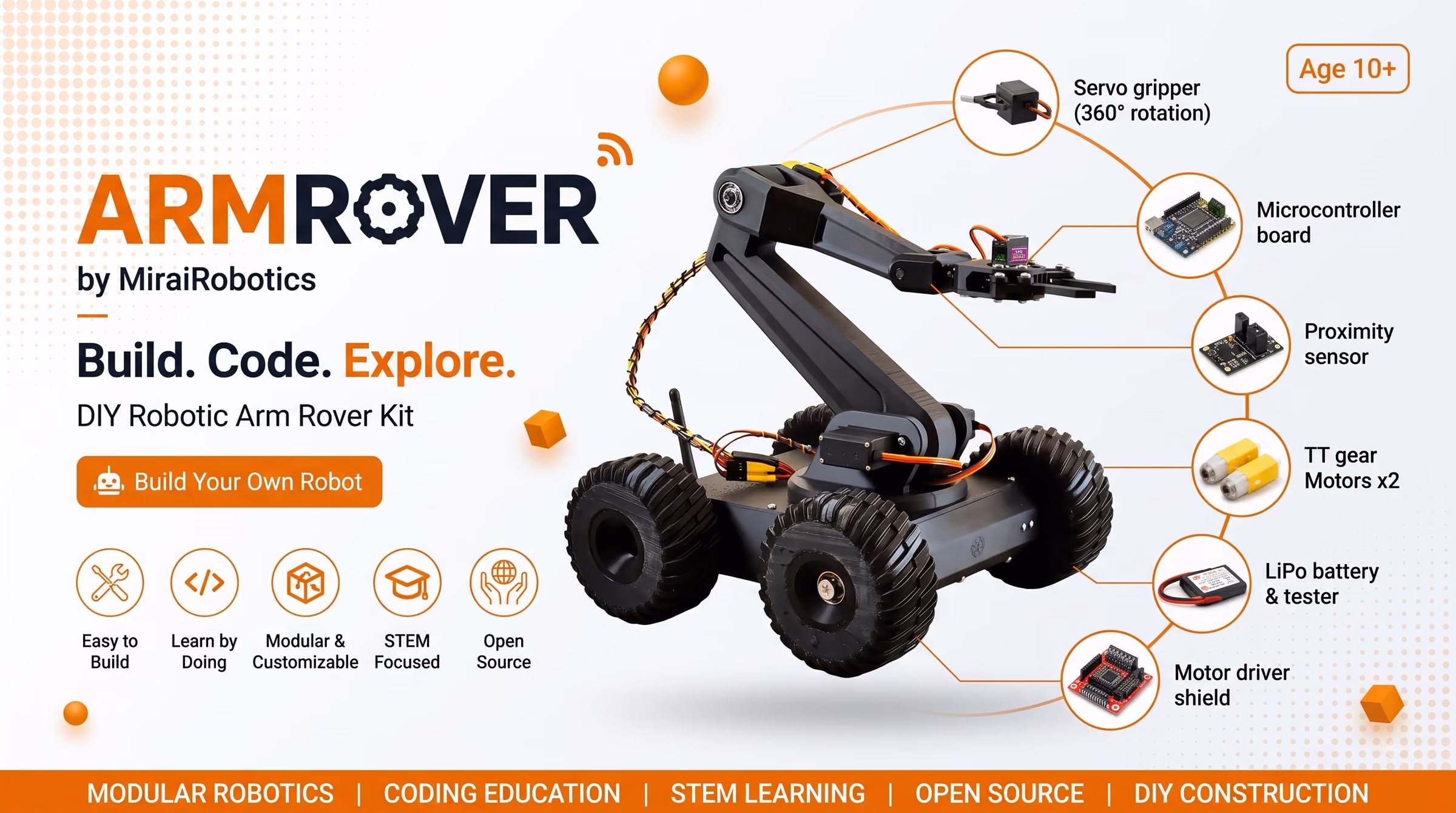 ARMROVER — Rover with a robotic arm — drive, reach, grip, lift.