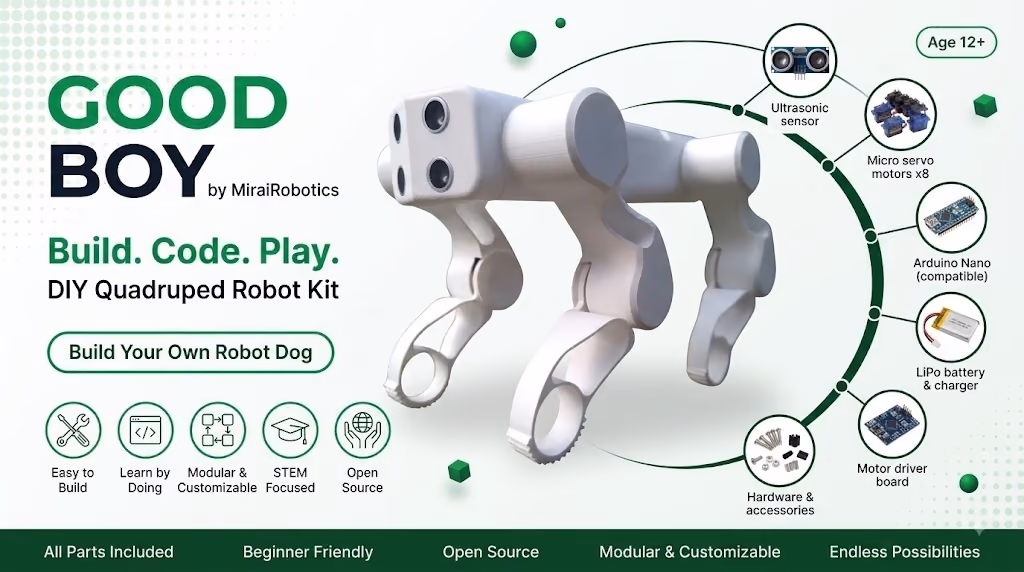 GOODBOY — Quadruped robot dog that walks, turns and avoids obstacles.