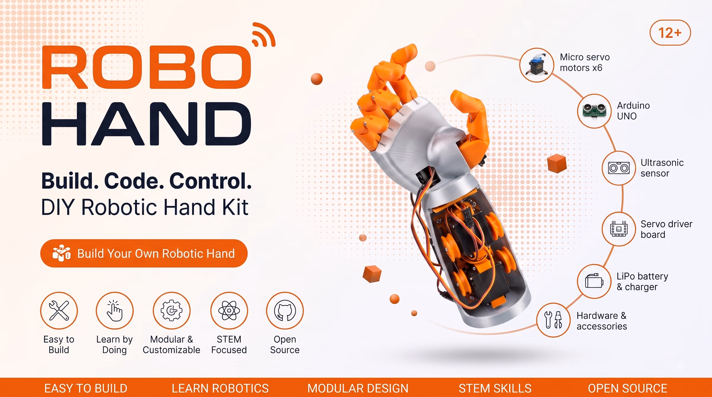 ROBOHAND — Robotic hand — five fingers, gesture control, real grip.