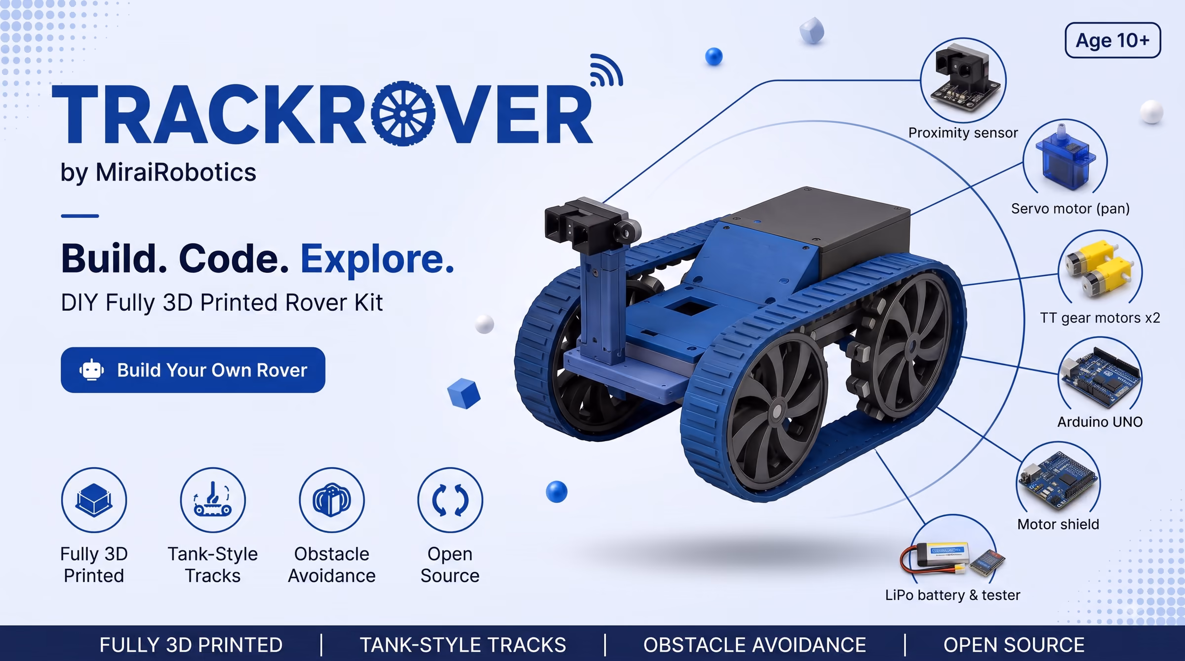 TRACKROVER — Fully 3D-printed tracked rover with obstacle avoidance.